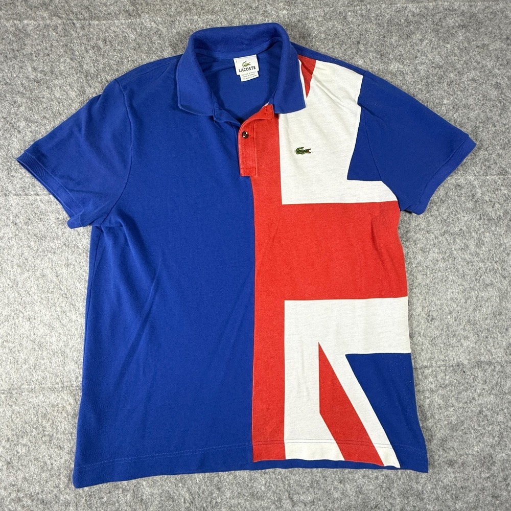 Lacoste Polo Shirt Mens 7 Great Britain Union Jack Flag Blue Short Sleeve